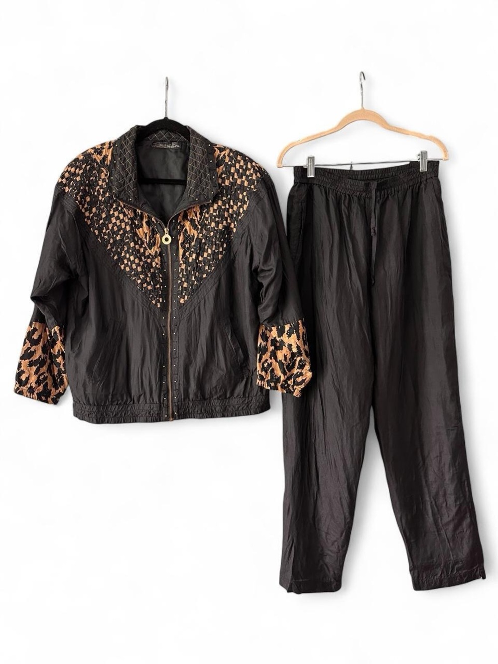 Vintage Mureli 100% Silk Black Track Suit Jacket & Joggers with Leopard Accent M